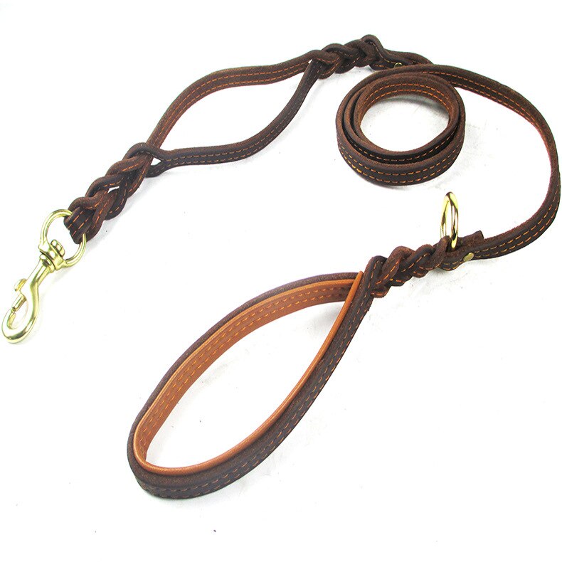 Braided Leather Dog Leash with Traffic Handle | Durable Two-Handle Design for Training Bulldogs and Pit Bulls