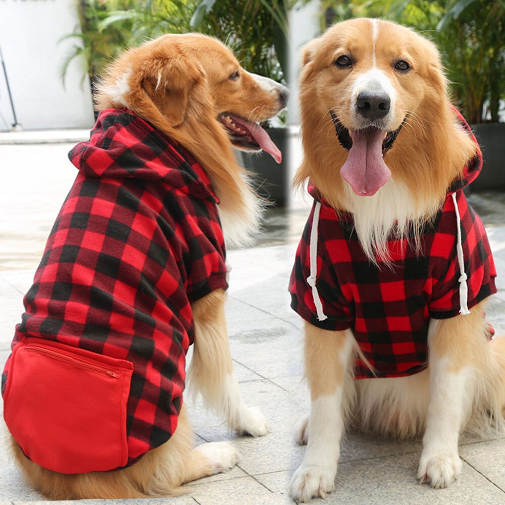 Winter Warm Dog Hoodie Coat | Plaid Print Hoodie with Pocket for Large Dogs