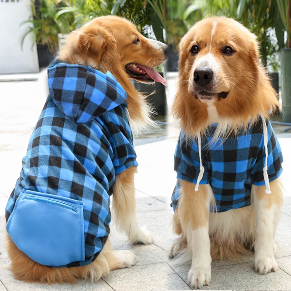 Winter Warm Dog Hoodie Coat | Plaid Print Hoodie with Pocket for Large Dogs