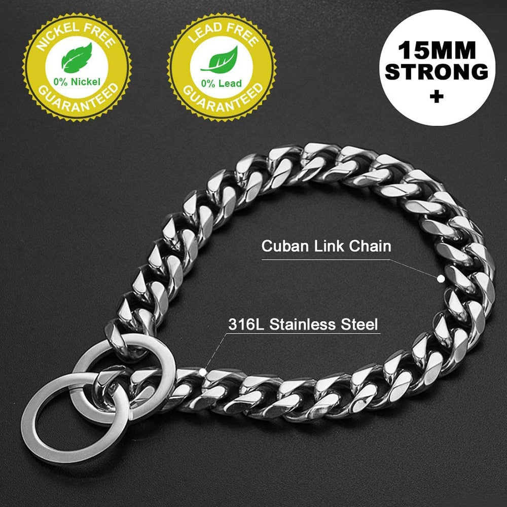 Strong Stainless Steel Cuban Link Dog Chain Collar | 15mm Width, Silvery & Golden Finish, Durable Pet Training Slip Chain for Small to Large Dogs
