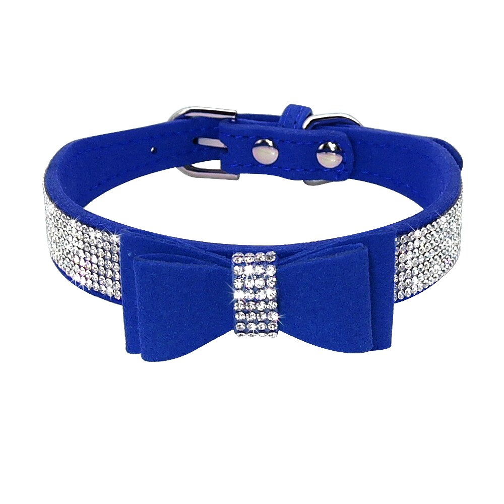 Sparkling Bowknot Rhinestone Dog Collar | Adjustable Suede Leather Collar for Small & Medium Pets, Puppy & Kitten Bling Accessory