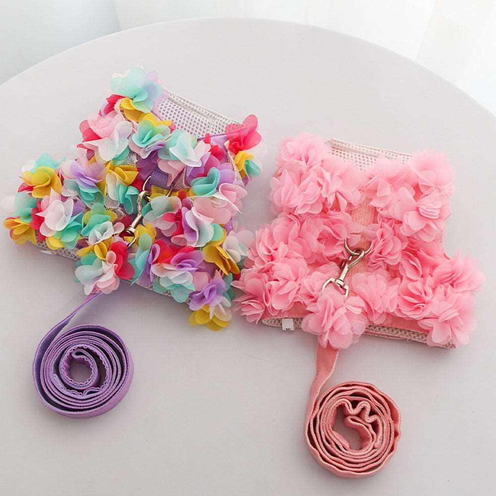Adjustable Luxury Floral Dog Harness Set | No Pull, Breathable, Cute Puppy Safety Vest