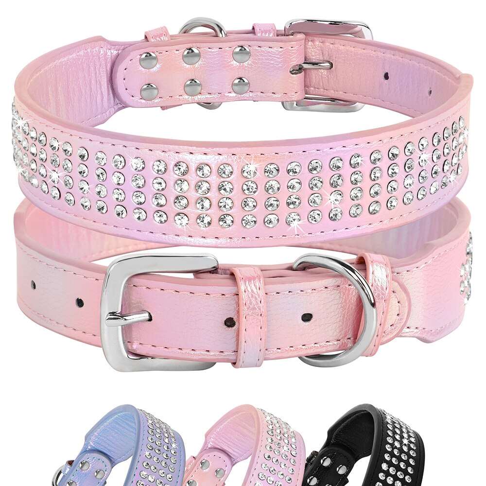 Bling Rhinestone Leather Dog Collar Adjustable Studded Crystal