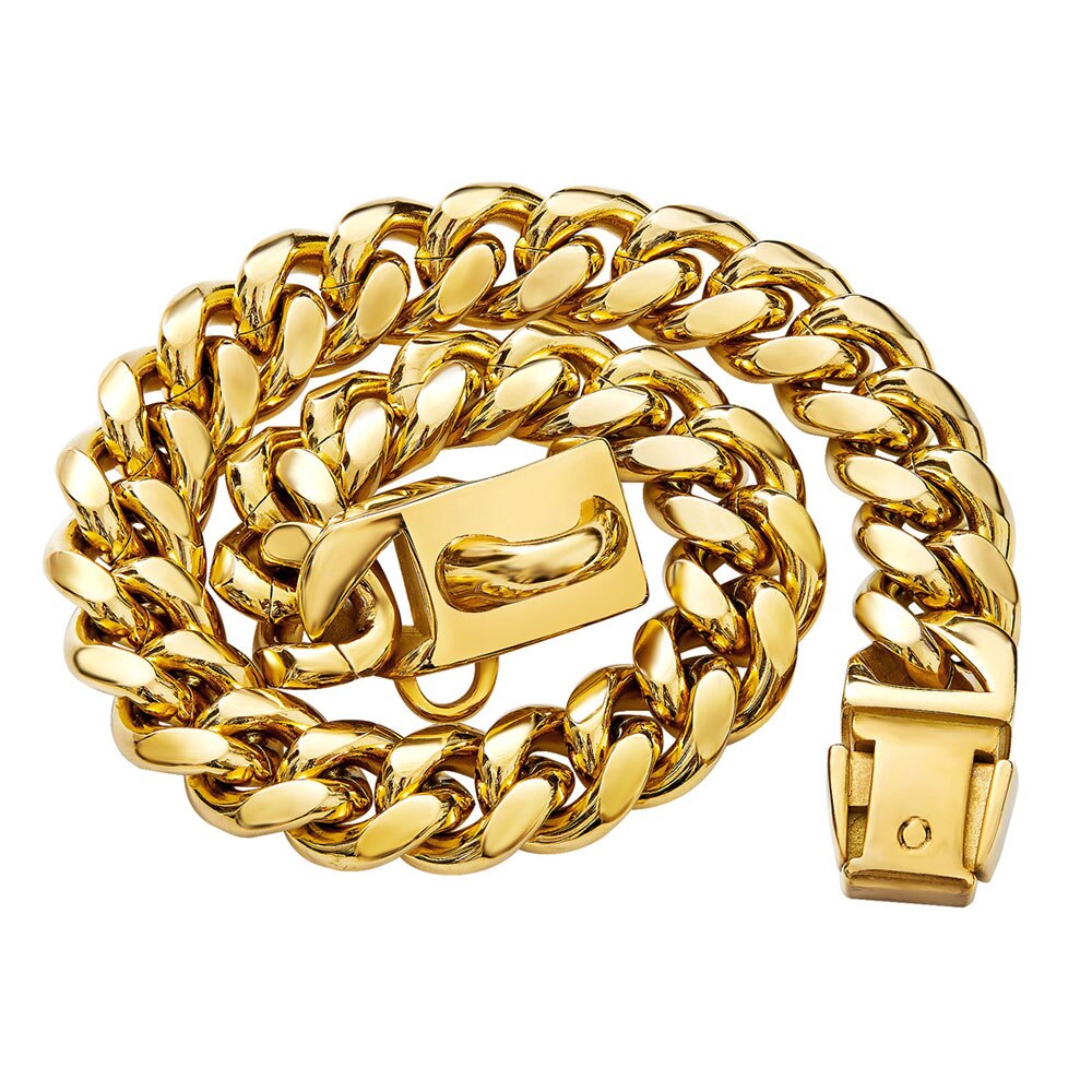 15mm Gold Dog Chain Collar | Strong Stainless Steel Cuban Link Necklace for Dogs with Heavy-Duty Buckle