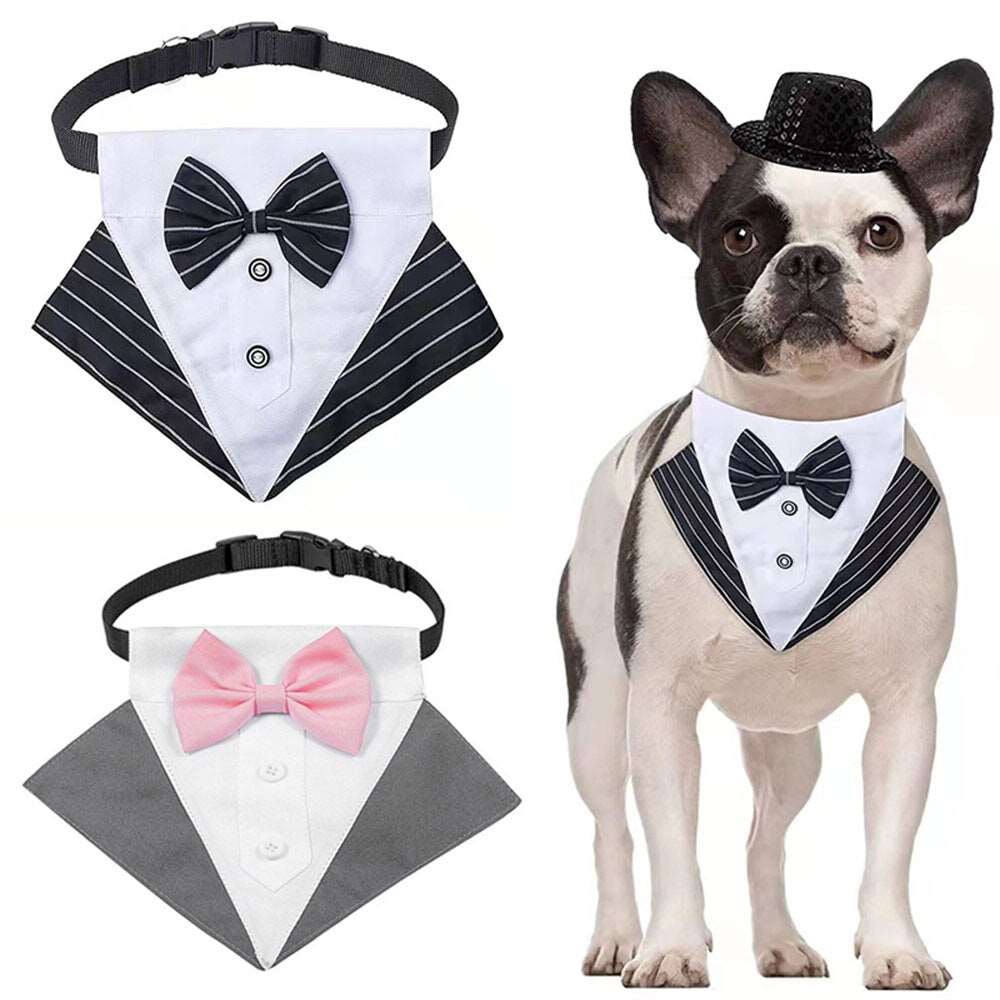 Adjustable Dog Bandanas with Gentleman Bow Tie | Novelty Dogs Neckerchief for Wedding | Pet Triangular Bibs Scarfs