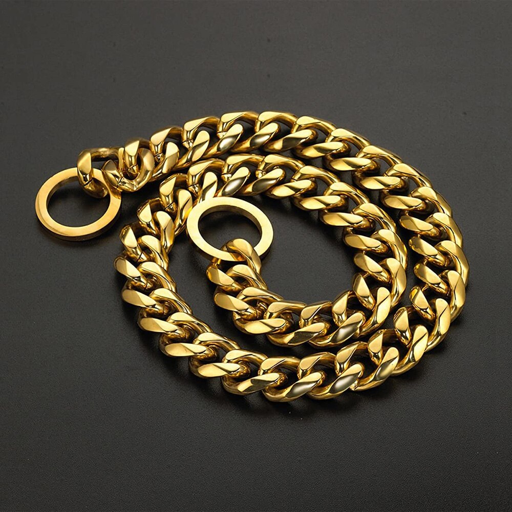 Strong Stainless Steel Cuban Link Dog Chain Collar | 15mm Width, Silvery & Golden Finish, Durable Pet Training Slip Chain for Small to Large Dogs