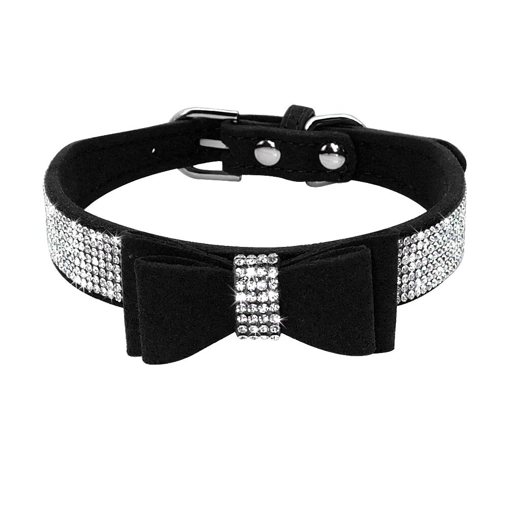 Sparkling Bowknot Rhinestone Dog Collar | Adjustable Suede Leather Collar for Small & Medium Pets, Puppy & Kitten Bling Accessory