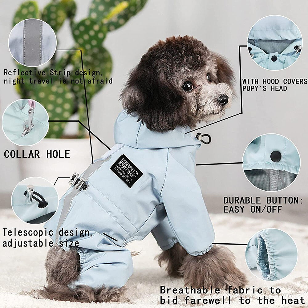 Reflective & Adjustable Dog Raincoat | Waterproof Windproof Hooded Cloak for Pets with Quick Dry Fabric and 4-Leg Coverage