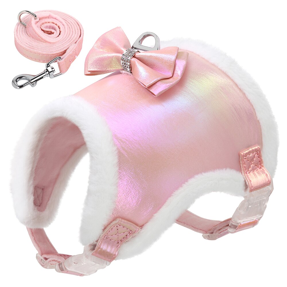 Winter Dog Harness and Leash Set | Waterproof Pink Vest Harness with Fur Collar and Bowtie for Small & Medium Dogs and Cats