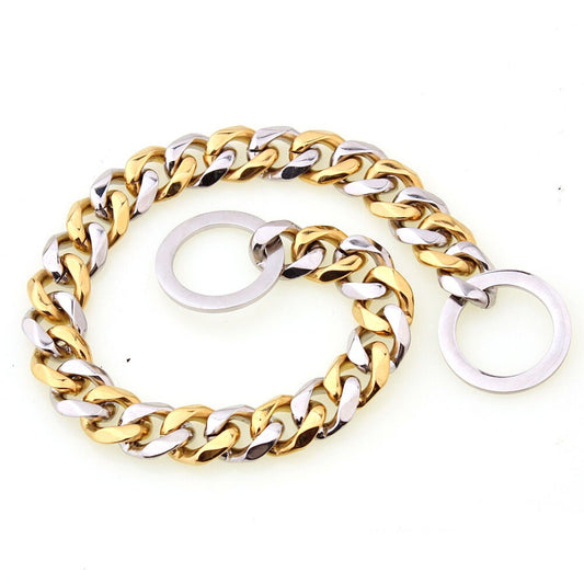 Strong Stainless Steel Cuban Link Dog Chain Collar | 15mm Width, Silvery & Golden Finish, Durable Pet Training Slip Chain for Small to Large Dogs