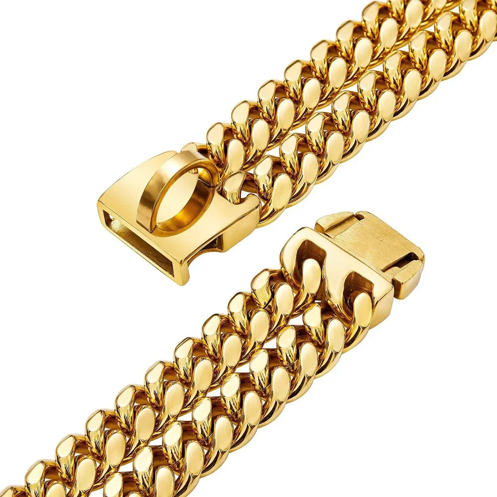 Strong Gold Double Chain Dog Collar | 24mm Cuban Link Stainless Steel for Medium to Large Dogs