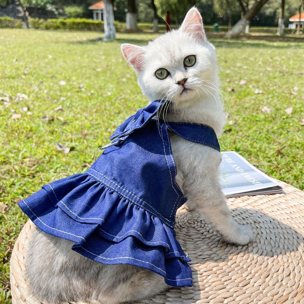 Pet Denim Dress Harness | Stylish Spring/Summer Jean Outfit with Bowtie for Cats & Small Dogs