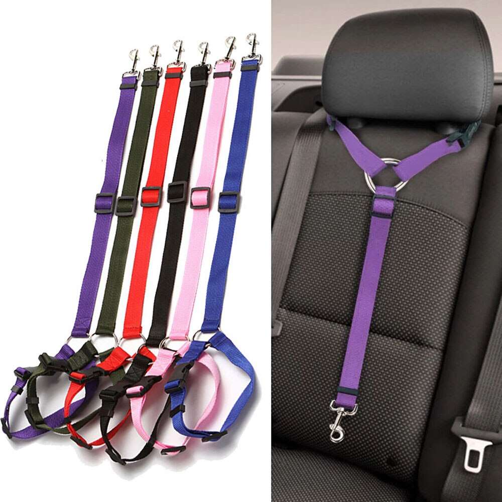 Adjustable Dog Safety Seat Belt for Pet Cat Car Headrest Restraint | Nylon Vehicle Seatbelt for Harness Collar