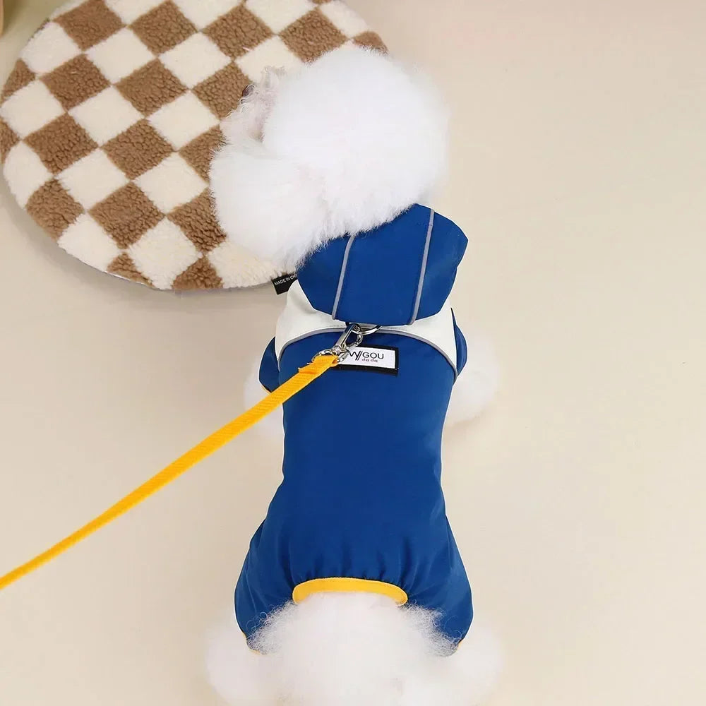 Waterproof Hooded Dog Jumpsuit Raincoat | Reflective Four-Legged Pet Coat, Available in Multiple Colours for Small Dogs