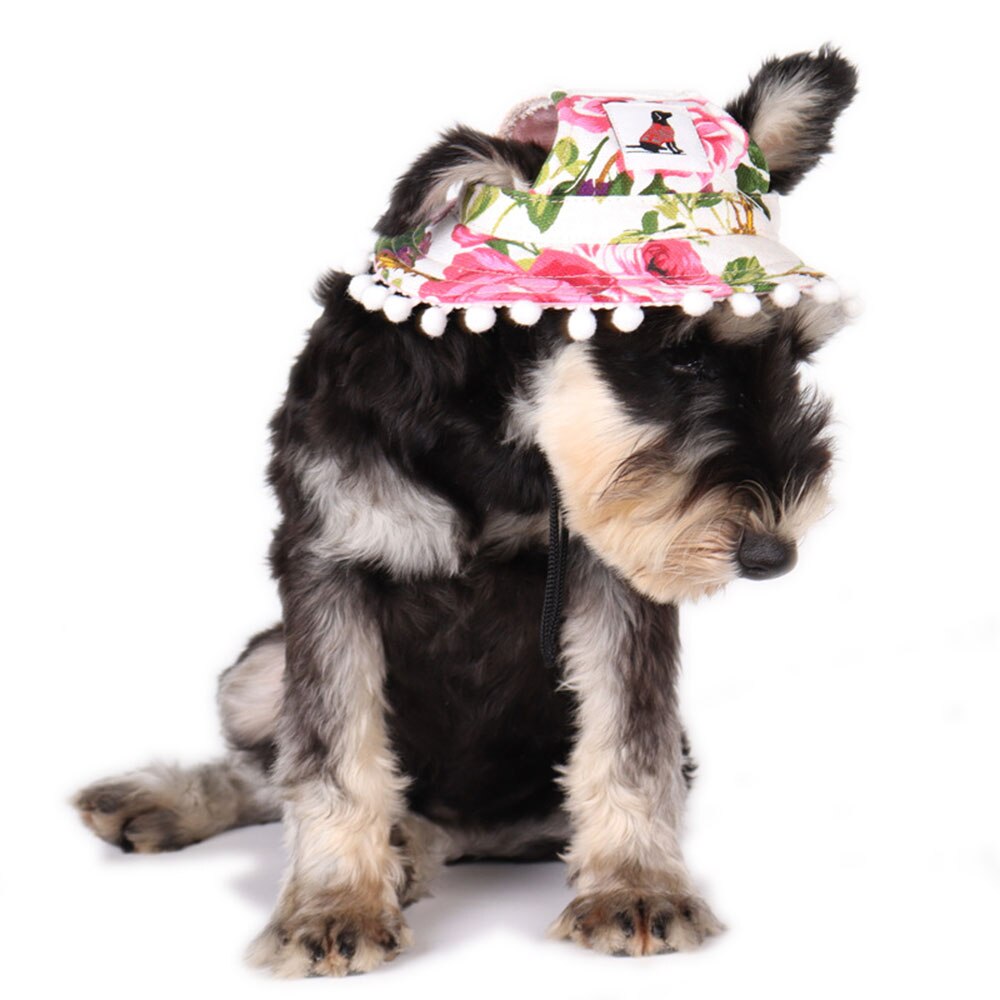 Round Brim Dog Sun Hat | Outdoor Sun Protection with Plush Ball Accents for Small to Large Dogs