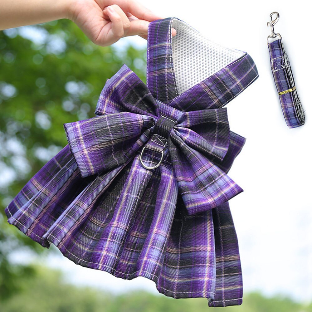 Adjustable Plaid Skirt Dog Harness with Bowknot | Stylish Party Dress for Small Dogs & Cats