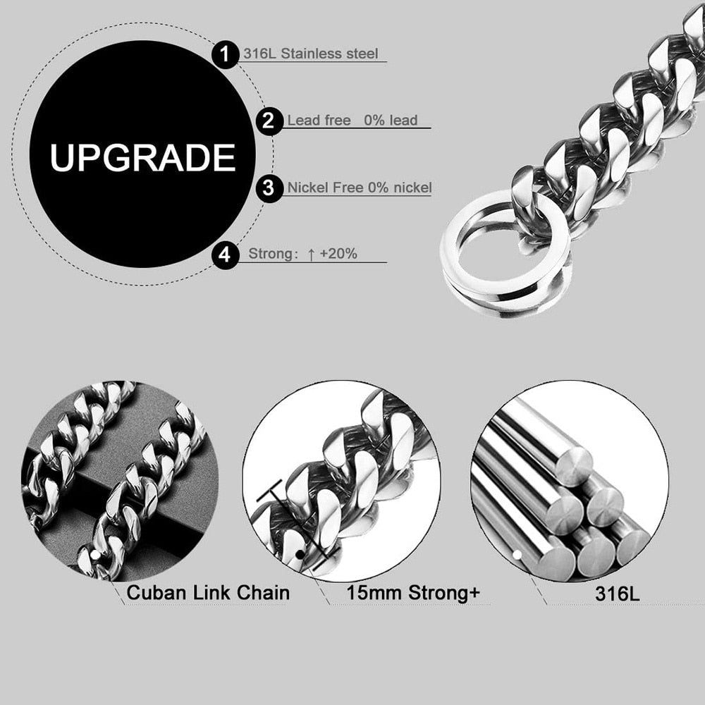 Strong Stainless Steel Cuban Link Dog Chain Collar | 15mm Width, Silvery & Golden Finish, Durable Pet Training Slip Chain for Small to Large Dogs