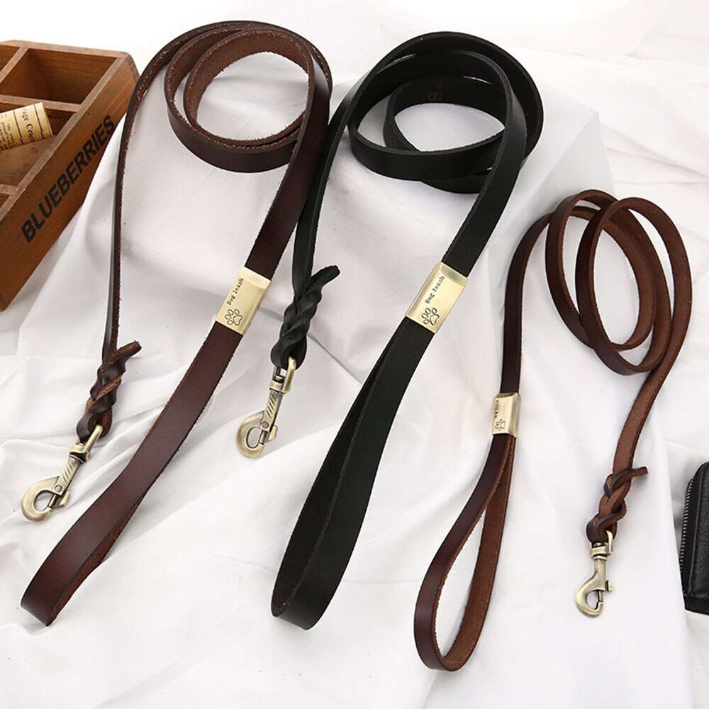 130cm Braided Leather Dog Leash for Large and Medium Breed Dogs | Durable Training Walking Leash in Brown/Black