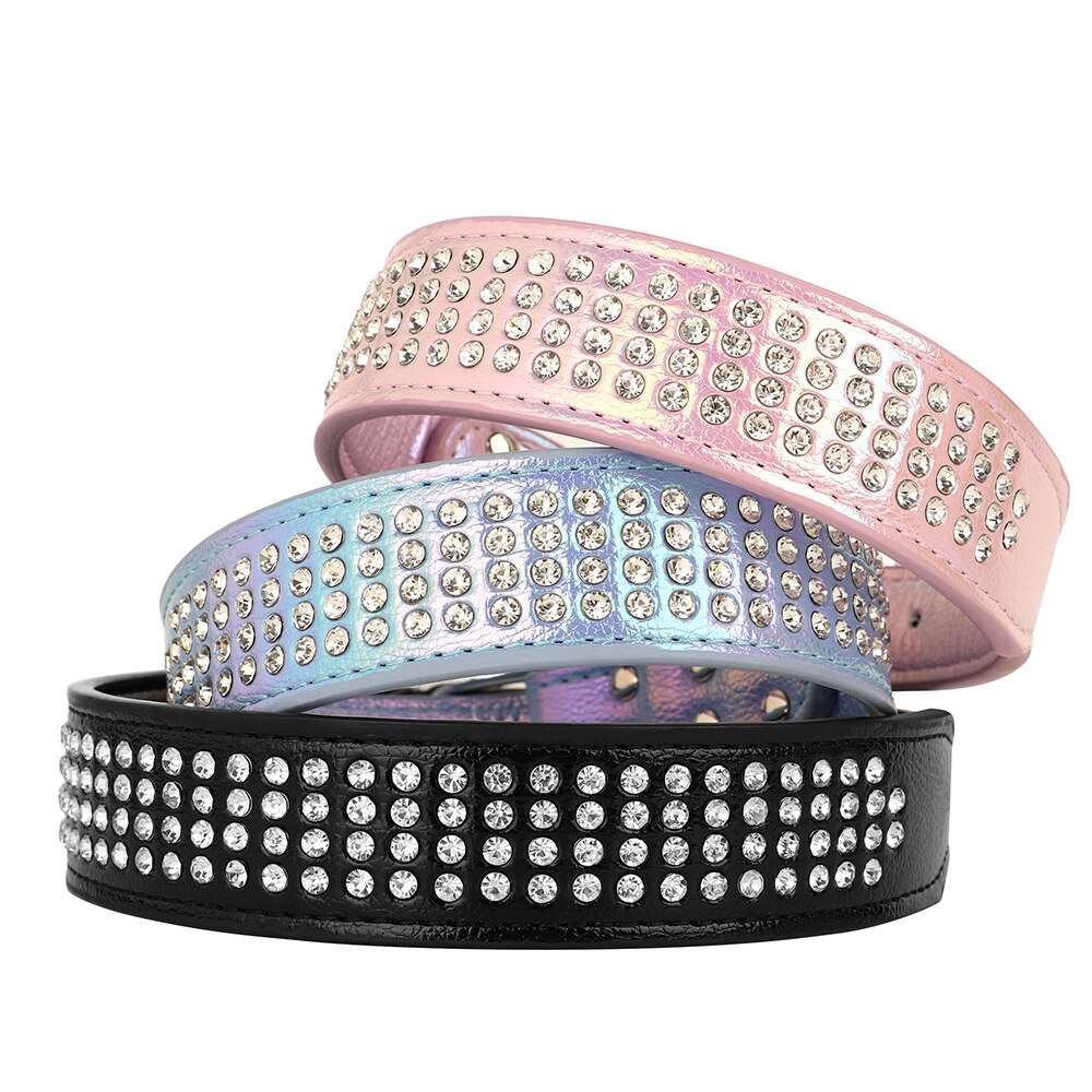 Bling Rhinestone Leather Dog Collar | Glitter Crystal Studded Collars for Medium and Large Dogs | Adjustable Pet Accessories