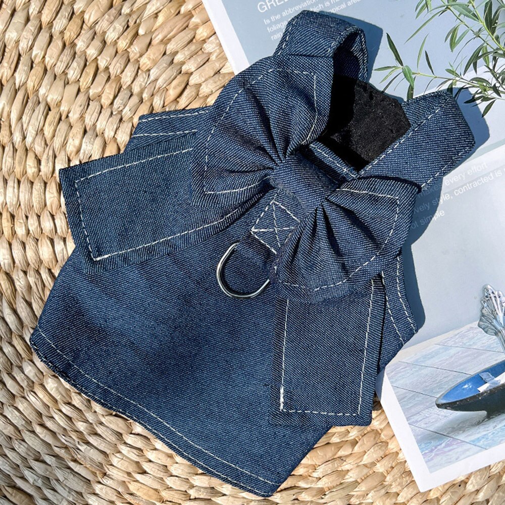 Pet Denim Dress Harness | Stylish Spring/Summer Jean Outfit with Bowtie for Cats & Small Dogs