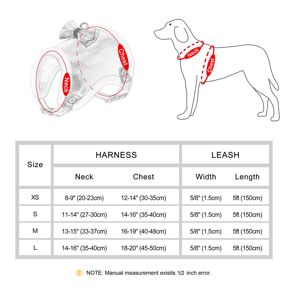 Winter Dog Harness and Leash Set | Waterproof Pink Vest Harness with Fur Collar and Bowtie for Small & Medium Dogs and Cats