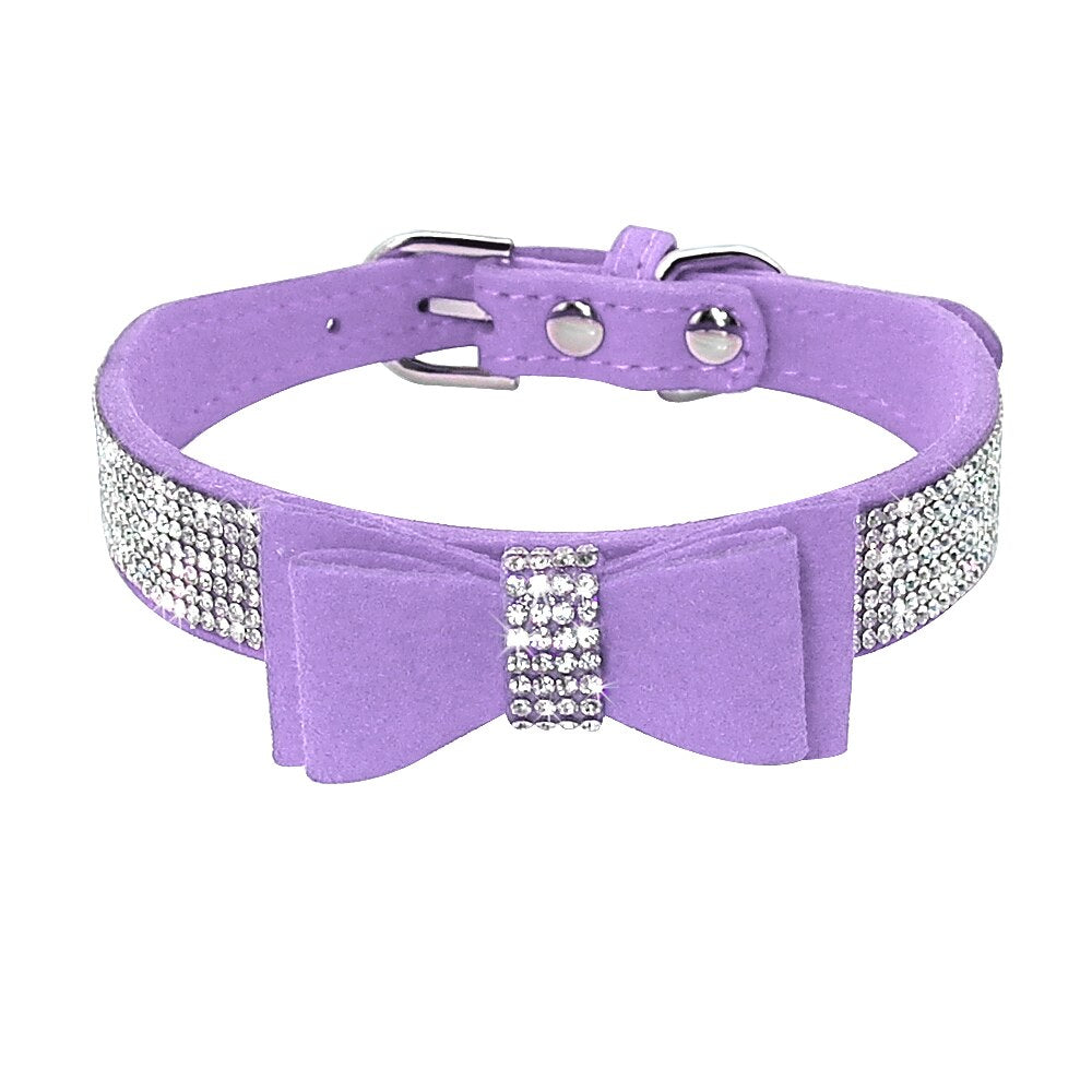 Sparkling Bowknot Rhinestone Dog Collar | Adjustable Suede Leather Collar for Small & Medium Pets, Puppy & Kitten Bling Accessory