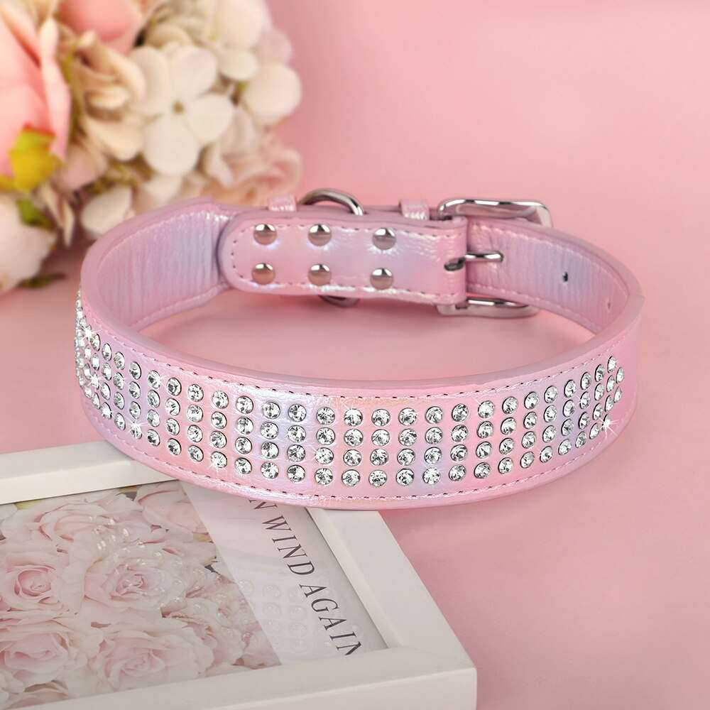 Bling Rhinestone Leather Dog Collar | Glitter Crystal Studded Collars for Medium and Large Dogs | Adjustable Pet Accessories