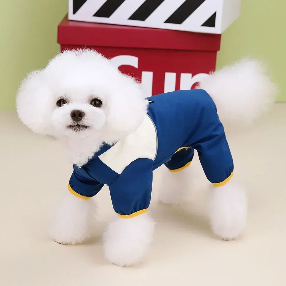 Waterproof Hooded Dog Jumpsuit Raincoat | Reflective Four-Legged Pet Coat, Available in Multiple Colours for Small Dogs