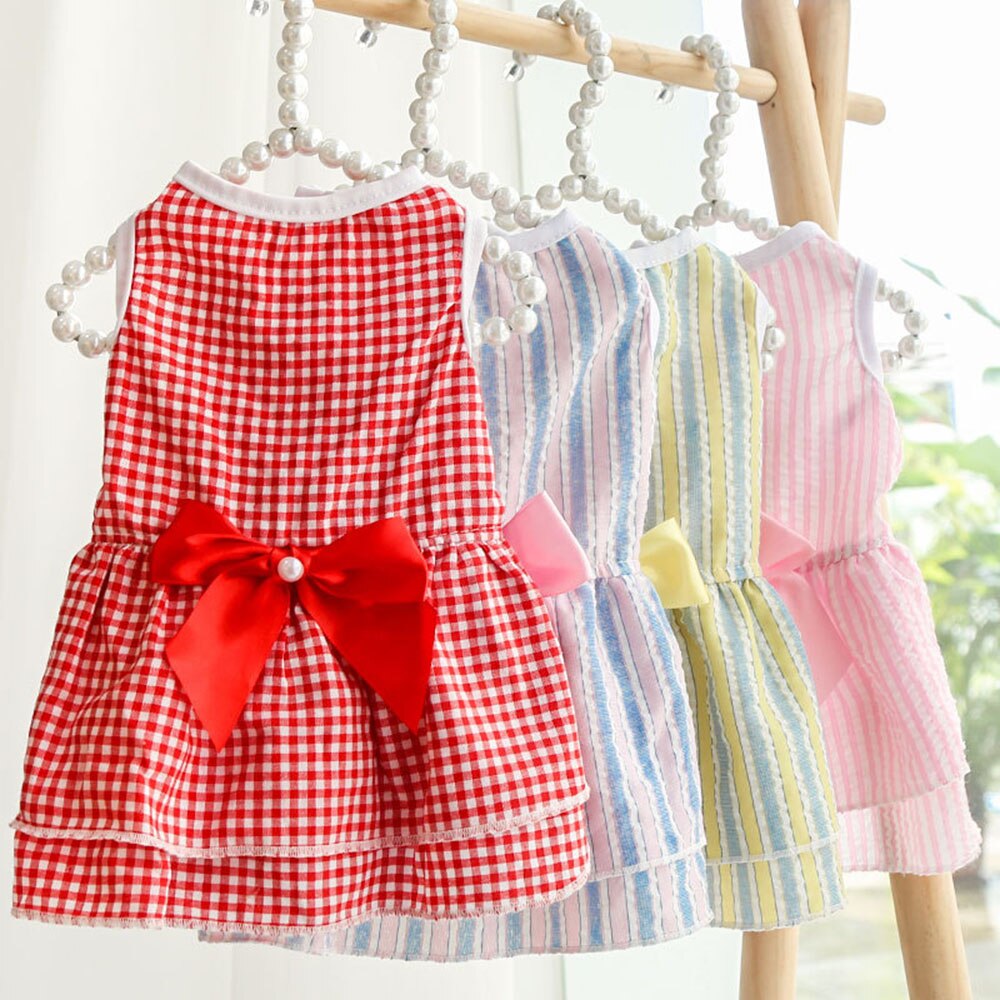 Summer Gingham Dog Dress | Adorable Pet Apparel with Bow Details and Lightweight Design for Small Dogs and Cats