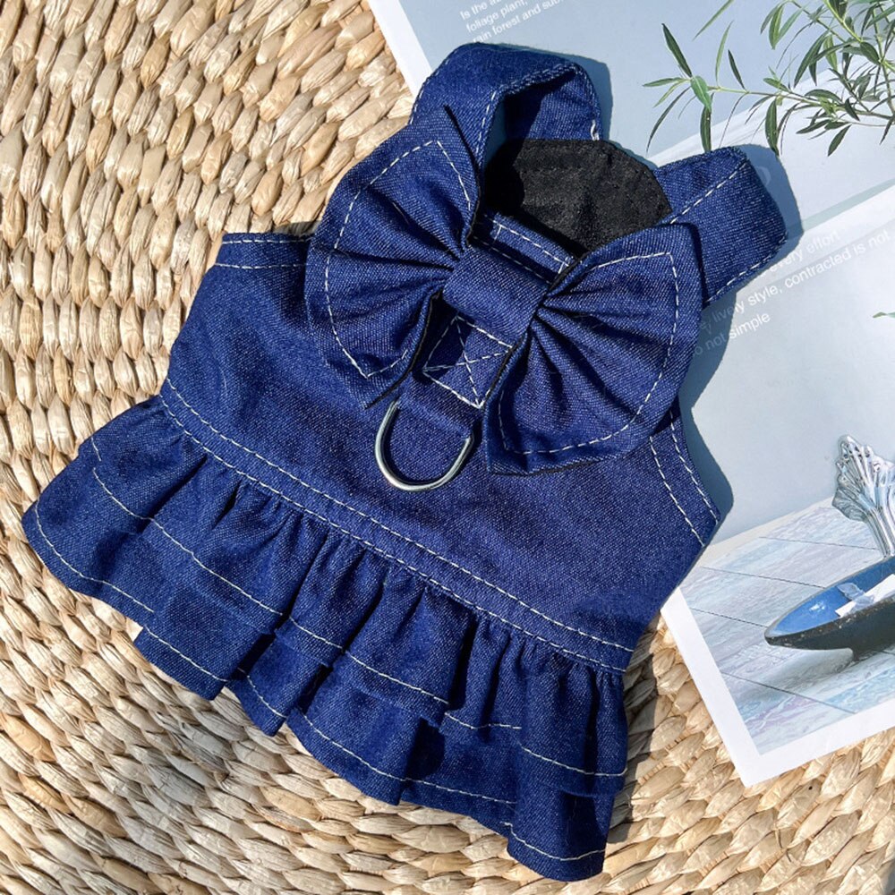 Pet Denim Dress Harness | Stylish Spring/Summer Jean Outfit with Bowtie for Cats & Small Dogs
