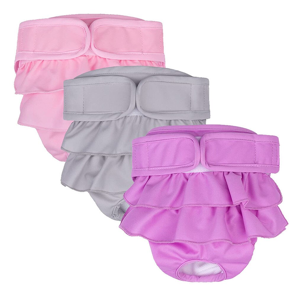 Soft Ruffle Dog Sanitary Pants | Washable & Absorbent Female Dog Diaper in Pink, Grey, & Purple