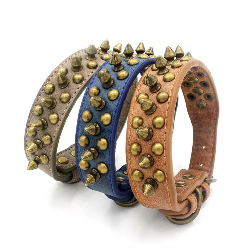 Bronze Spiked Studded Leather Dog Collar | Durable Anti-Bite Pet Accessory for All Sizes