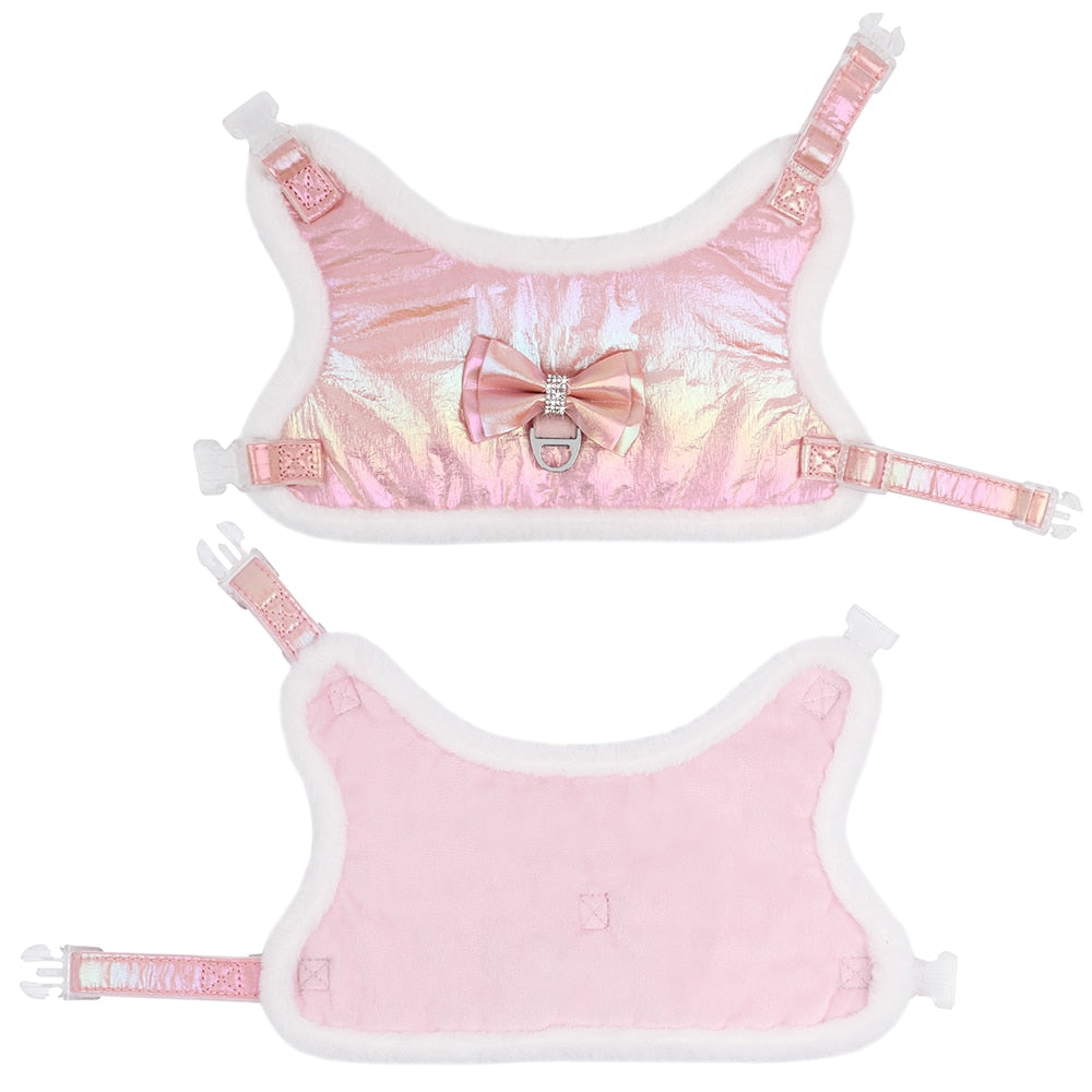 Winter Dog Harness and Leash Set | Waterproof Pink Vest Harness with Fur Collar and Bowtie for Small & Medium Dogs and Cats