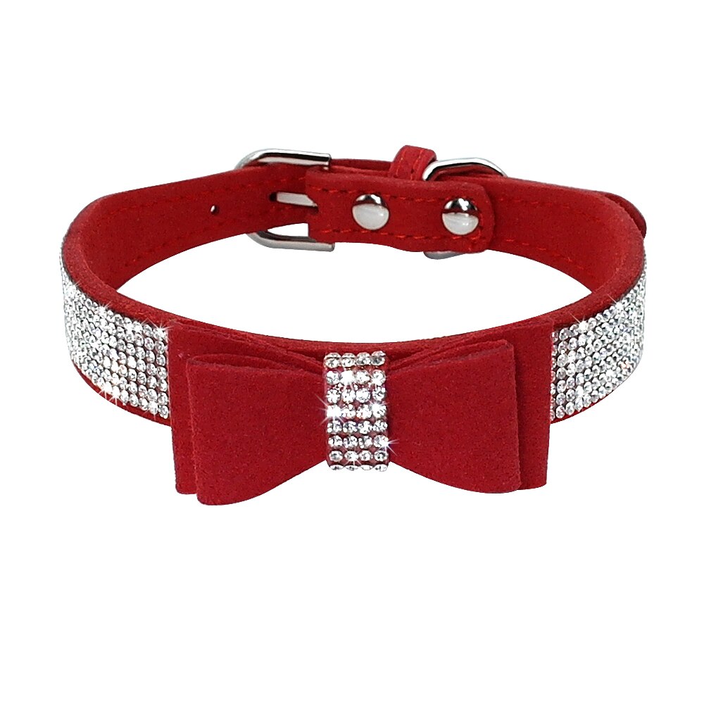 Sparkling Bowknot Rhinestone Dog Collar | Adjustable Suede Leather Collar for Small & Medium Pets, Puppy & Kitten Bling Accessory