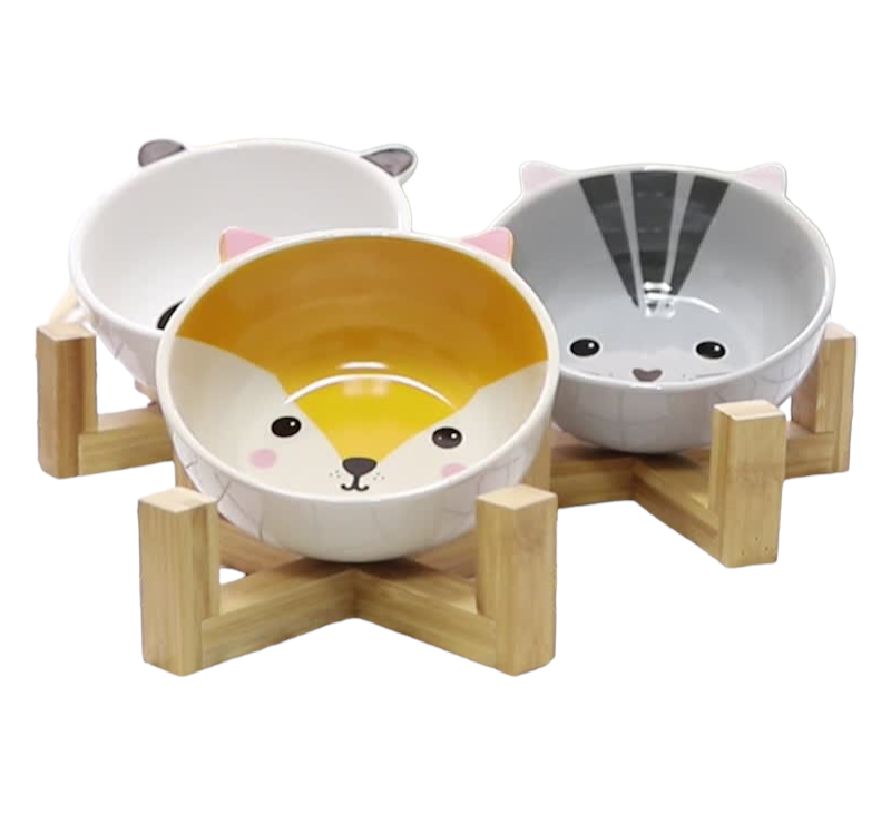 Ceramic Elevated Pet Bowl | Raised Cartoon-Printed Dog & Cat Dish with No-Spill Design for Food & Water