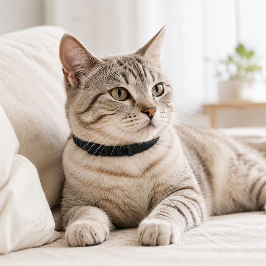 Grey tabby cat wearing a black calming collar while resting on a light sofa