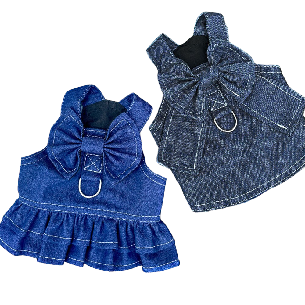 Pet Denim Dress Harness | Stylish Spring/Summer Jean Outfit with Bowtie for Cats & Small Dogs