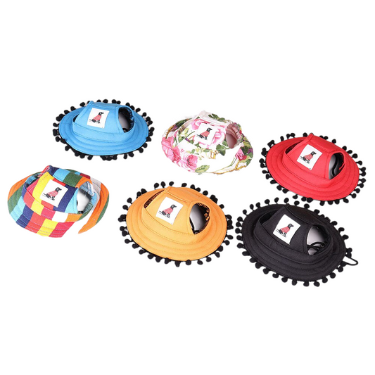 Round Brim Dog Sun Hat | Outdoor Sun Protection with Plush Ball Accents for Small to Large Dogs