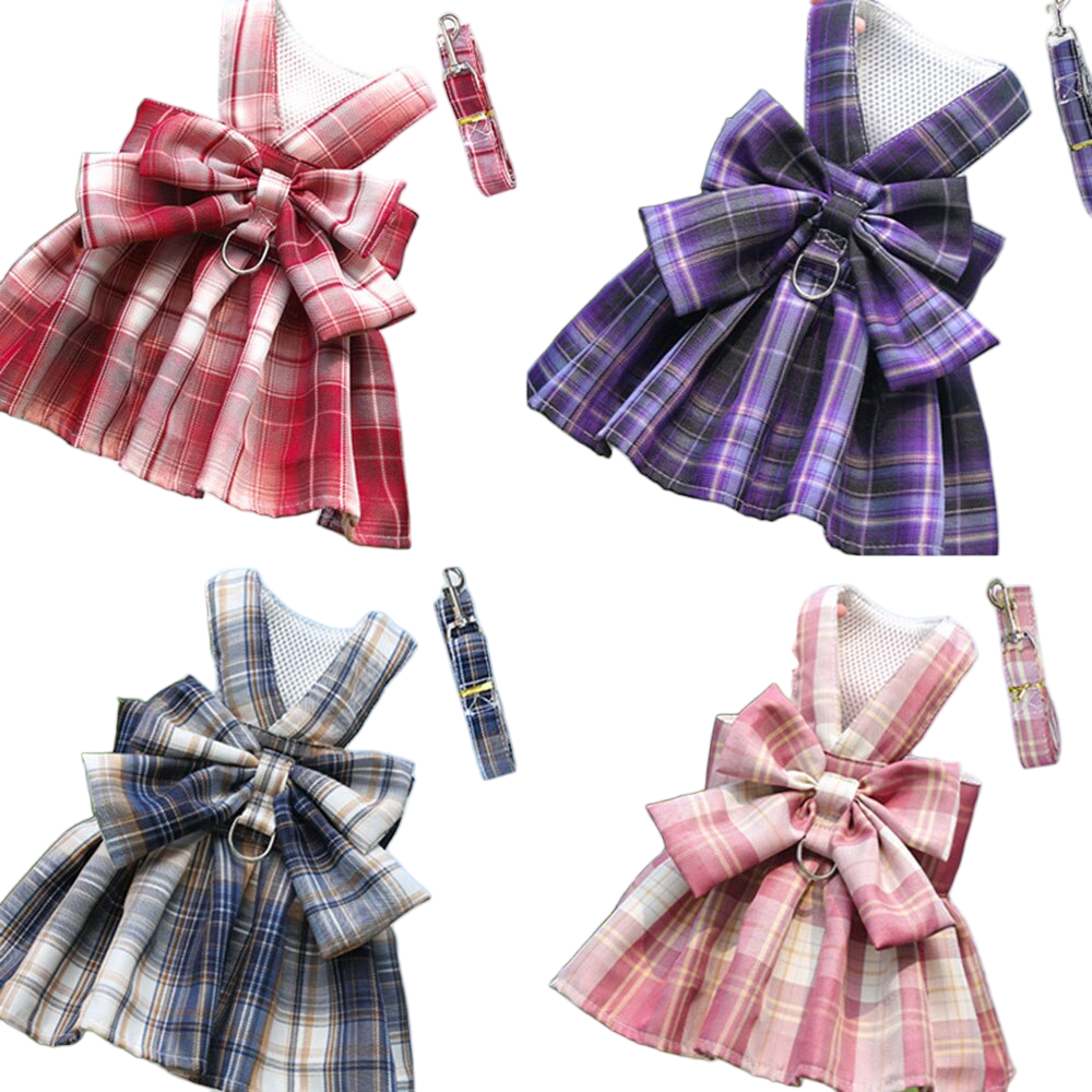 Adjustable Plaid Skirt Dog Harness with Bowknot | Stylish Party Dress for Small Dogs & Cats