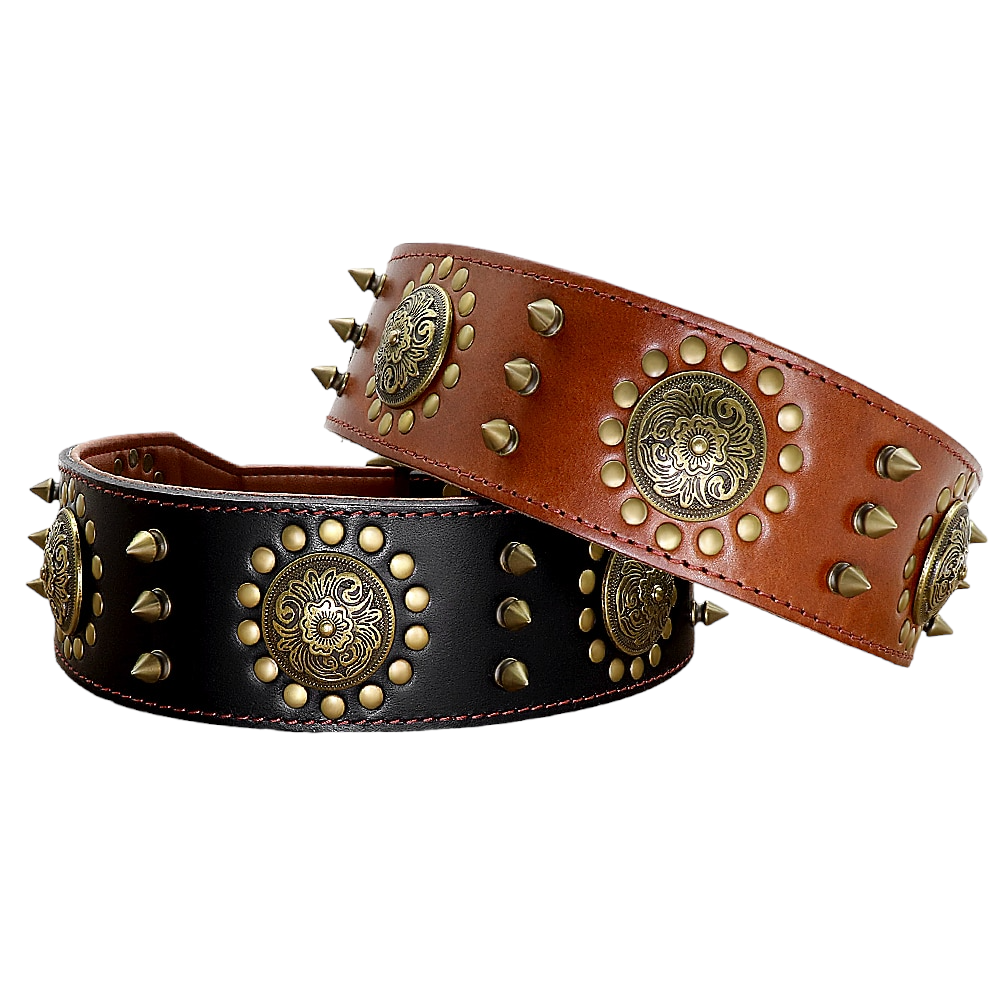 Spiked Leather Dog Collar | Adjustable Studded Collar for Medium & Large Dogs | Heavy Duty Buckle & D-Ring