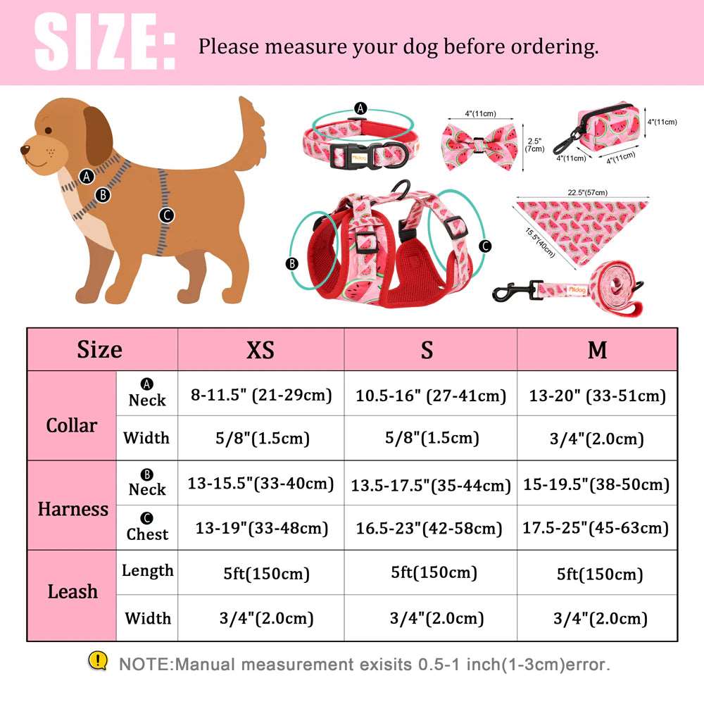 6-Piece Fashion Printed Dog Harness Set | Matching Collar, Leash, Poop Bag, and Bandana | For Small to Medium Dogs