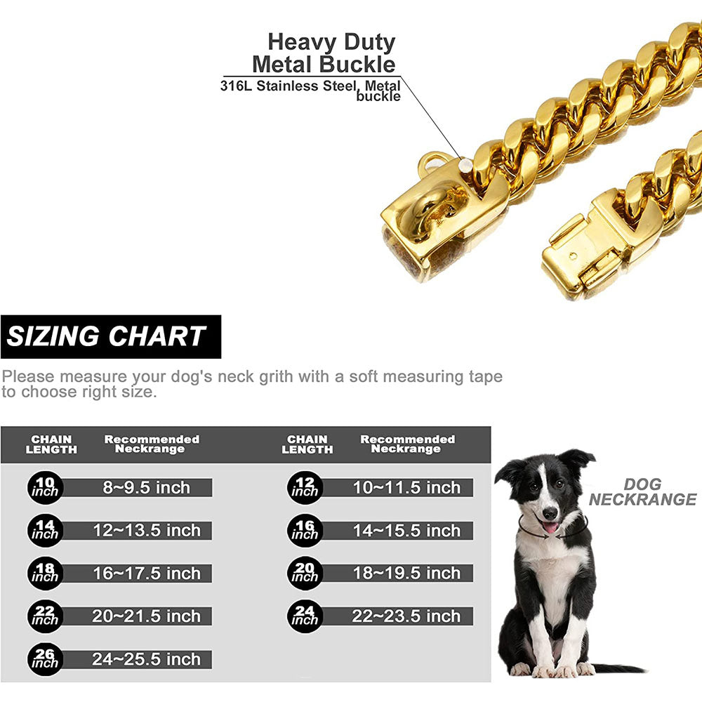 15mm Gold Dog Chain Collar | Strong Stainless Steel Cuban Link Necklace for Dogs with Heavy-Duty Buckle