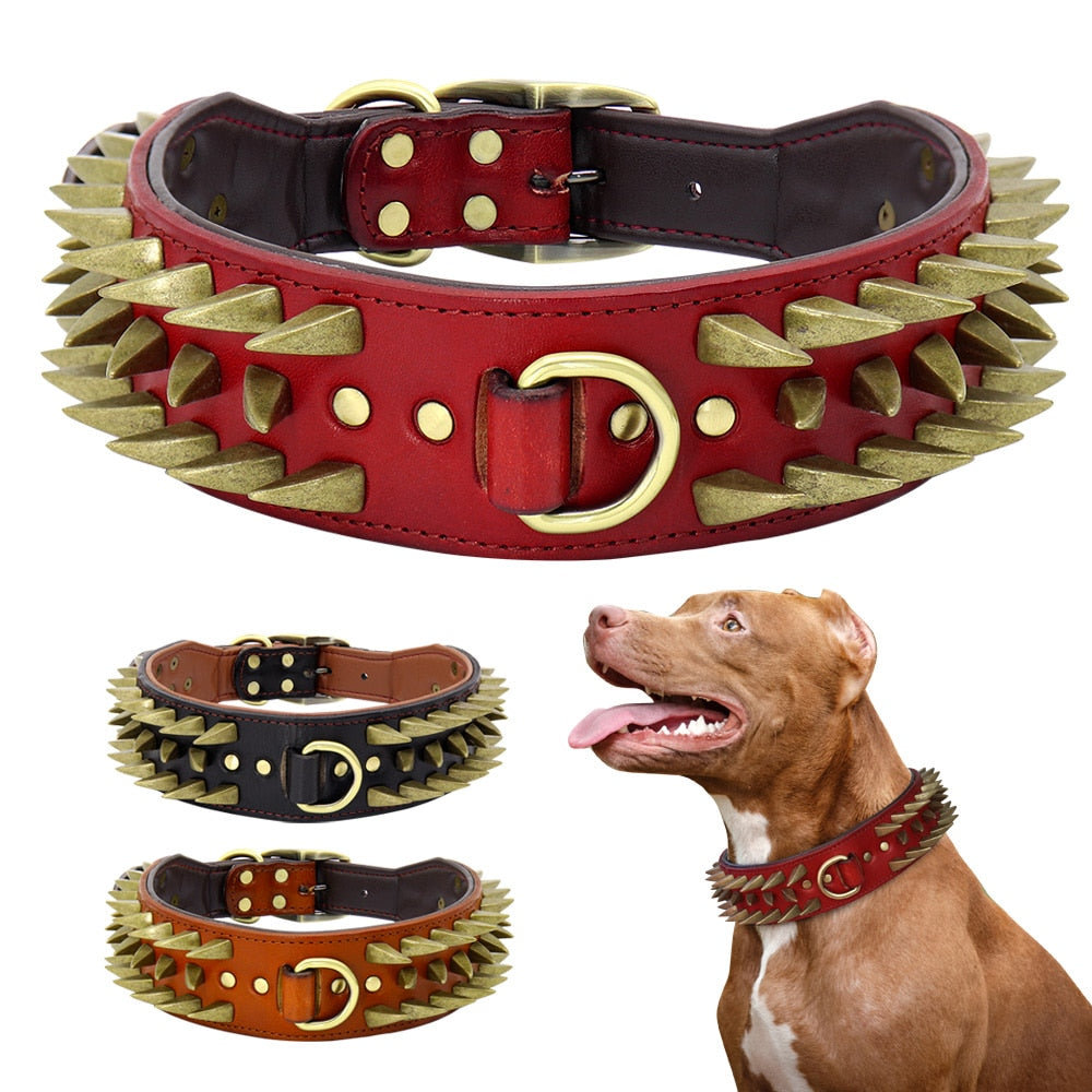 Spiked Studded Leather Dog Collar | Strong and Durable Collar for Medium & Large Dogs - Heavy Duty Metal Buckle