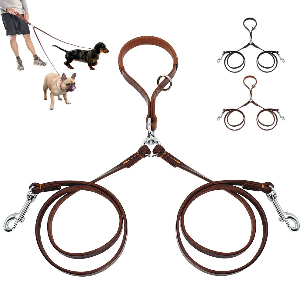 Double Dog Leash Genuine Leather Dual Leash with 360° Swivel