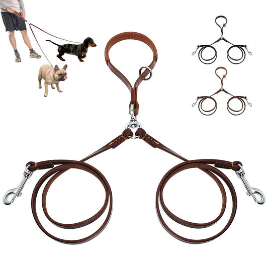 Double Dog Leash Genuine Leather | Dual Dog Leash with 360° Swivel, No-Tangle Design, Soft Padded Handle for Walking & Training Two Dogs