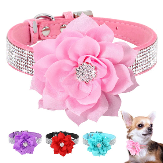 Bling Rhinestone Dog Collar with Flower | Glittery Crystal Puppy & Cat Collar for Small Pets