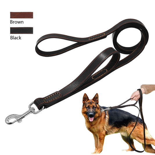 Genuine Leather Dog Leash with Double Handles | Quick Control Walking Lead for Medium & Large Dogs