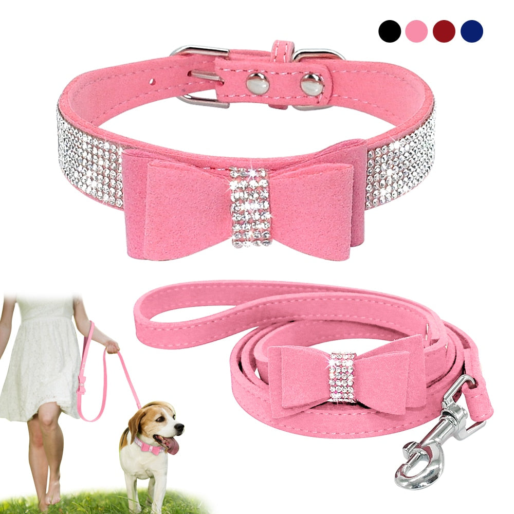 Bling Bowknot Rhinestone Dog Collar and Leash Set | Suede Leather, Sparkling Crystals for Small to Medium Dogs & Cats