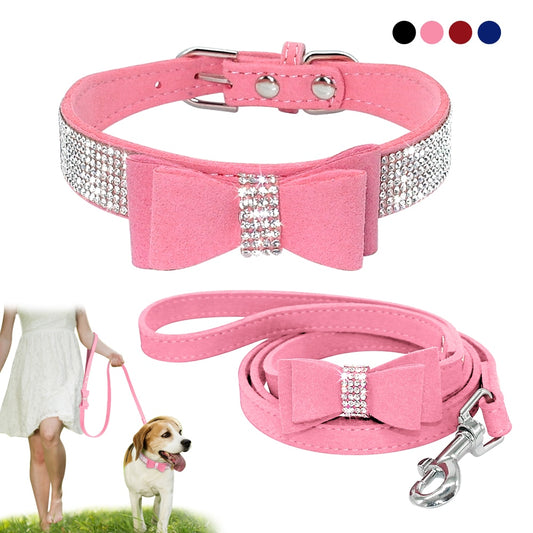 Bling Bowknot Rhinestone Dog Collar and Leash Set | Suede Leather, Sparkling Crystals for Small to Medium Dogs & Cats