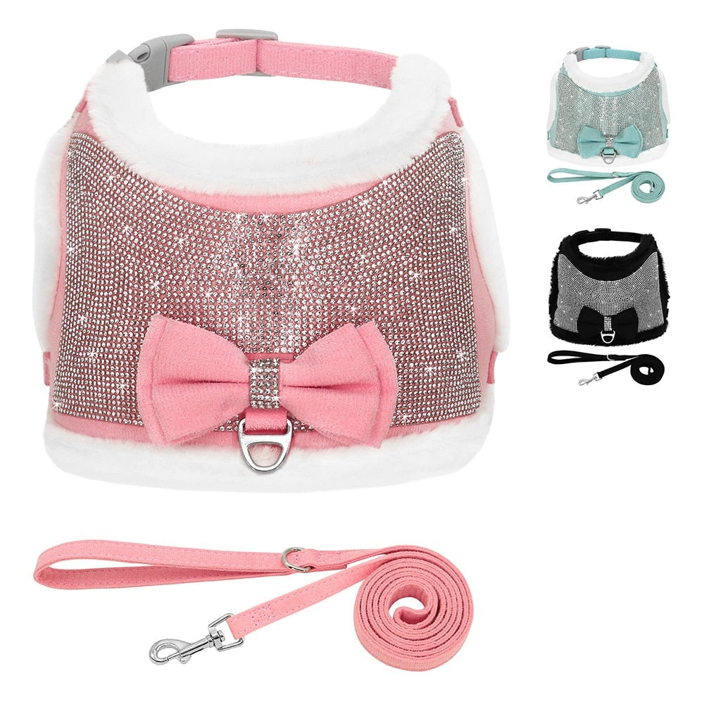 Bling Rhinestones Harness for Small Dogs & Cats | Soft Warm Winter Vest with Bowtie and Leash Set